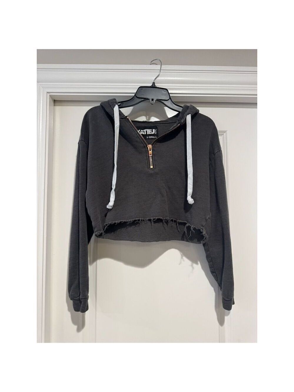 Katie J NYC Women's XS Gray Cropped Hoodie Half-Zip Drawstring Hood